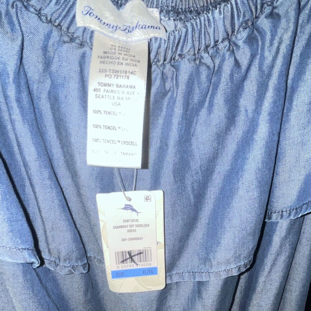 Tommy Bahama Blue Solid Chambray Off Shoulder Ruffle Shift Knee Dress XL